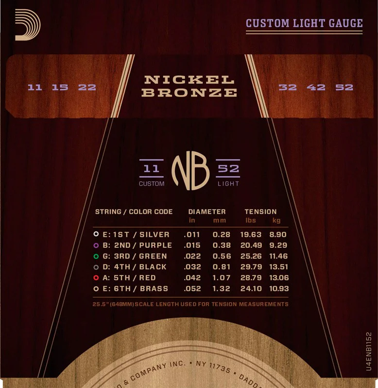 DADDARIO NB1152 NICKEL BRONZE JUEGO CUERDAS GUITARRA ACUSTICA CUSTOM LIGHT 011-052 - Image 2