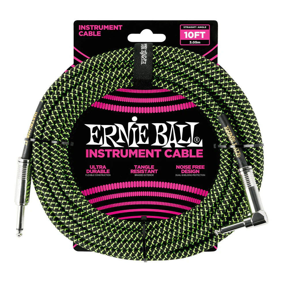 ERNIE BALL EB6077 CABLE INSTRUMENTO TRENZADO JACK RECTO ACODADO 3 METROS NEGRO Y VERDE - Image 4