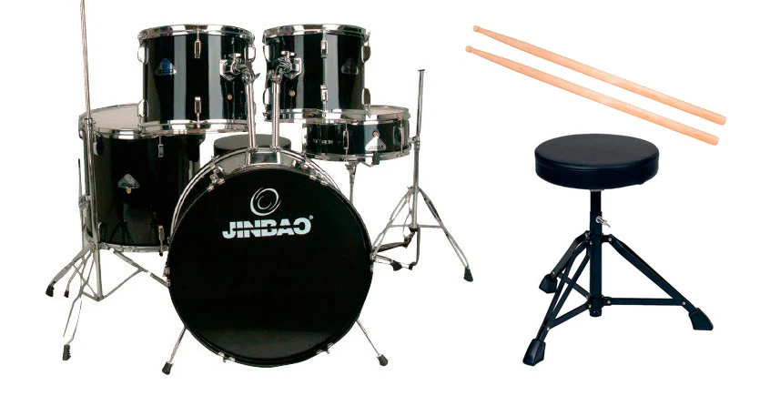 JINBAO -PACK- INICIACION BATERIA ACUSTICA PO208BK NEGRA + ASIENTO Y BAQUETAS