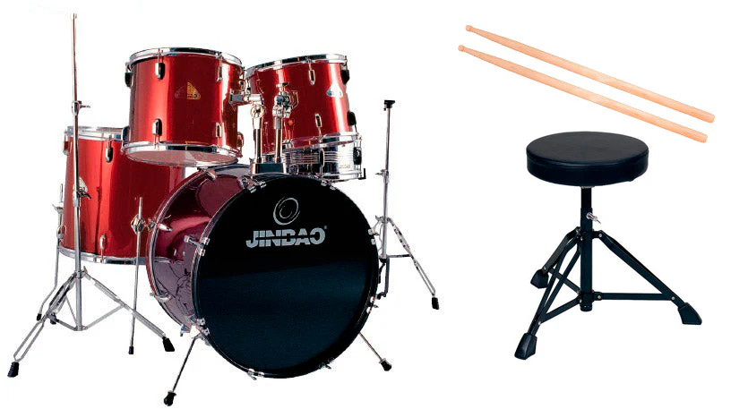 JINBAO -PACK- INICIACION BATERIA ACUSTICA PO208RD ROJA + ASIENTO Y BAQUETAS