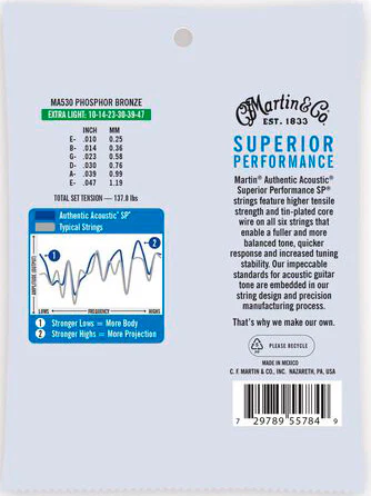 MARTIN MA530 AUTHENTIC SP PHOSPHOR BRONZE 92/8 EXTRA LIGHT JUEGO CUERDAS GUITARRA ACUSTICA 010-047 - Image 2