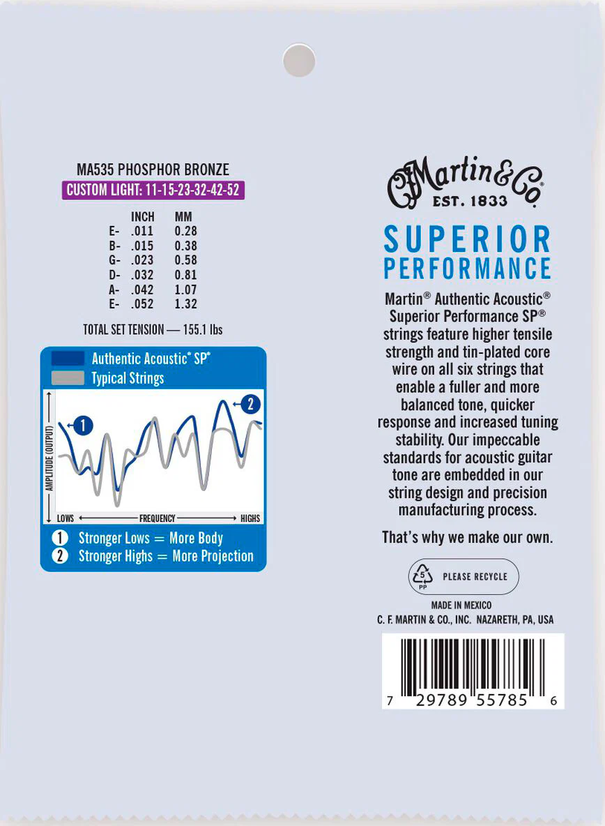 MARTIN MA535 AUTHENTIC SP PHOSPHOR BRONZE 92/8 CUSTOM LIGHT JUEGO CUERDAS GUITARRA ACUSTICA 011-052 - Image 2